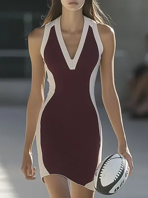 Casual Fashion Sports Colorblock V-neck Sleeveless Mini Dress