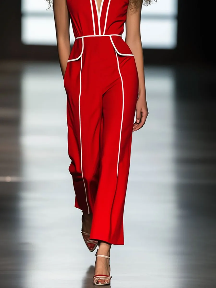 Casual Fashion White Trim Red Sleeveless Straight Jumpsuit