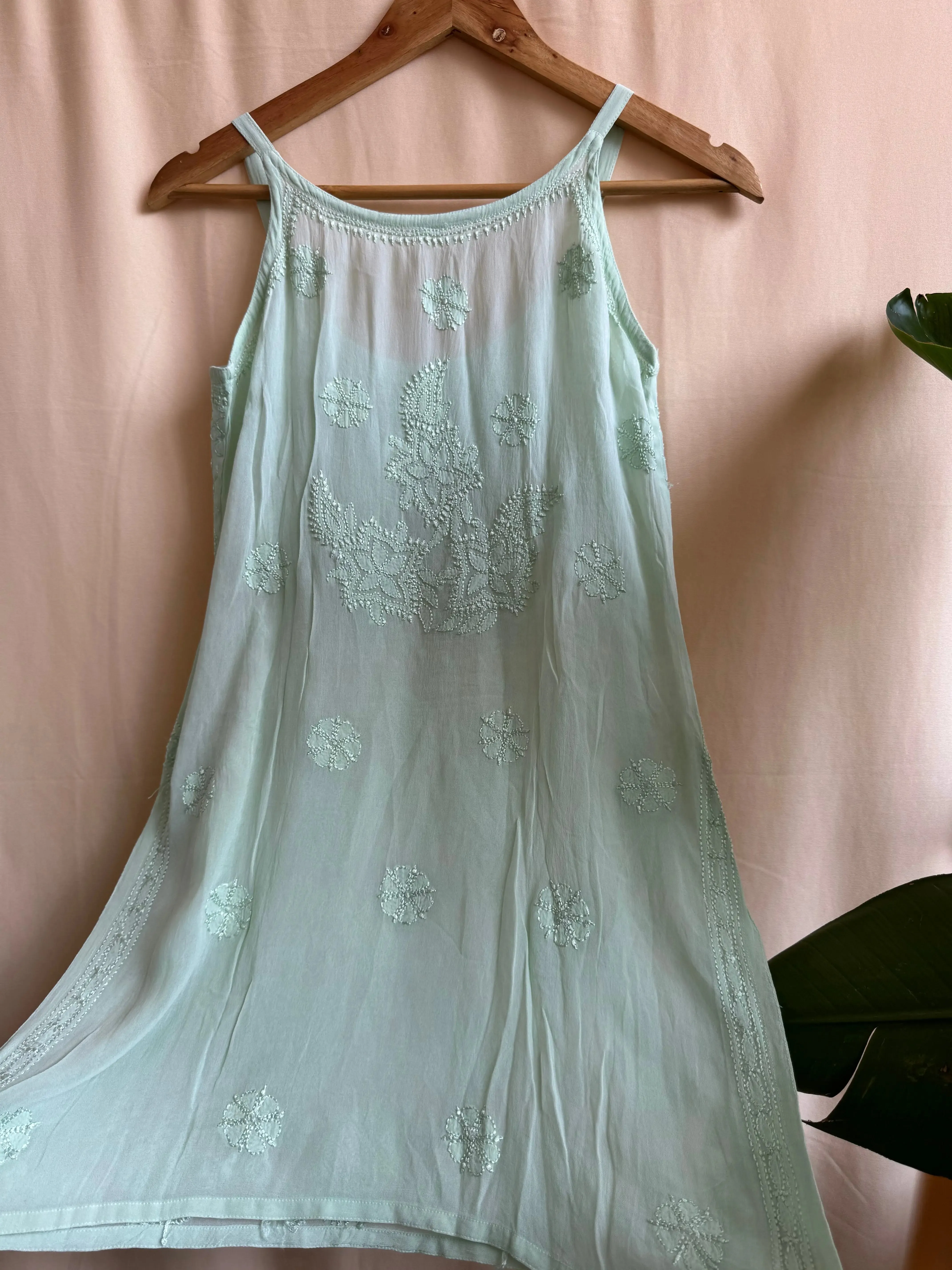 Chikankari Noodle Strap Top in Green