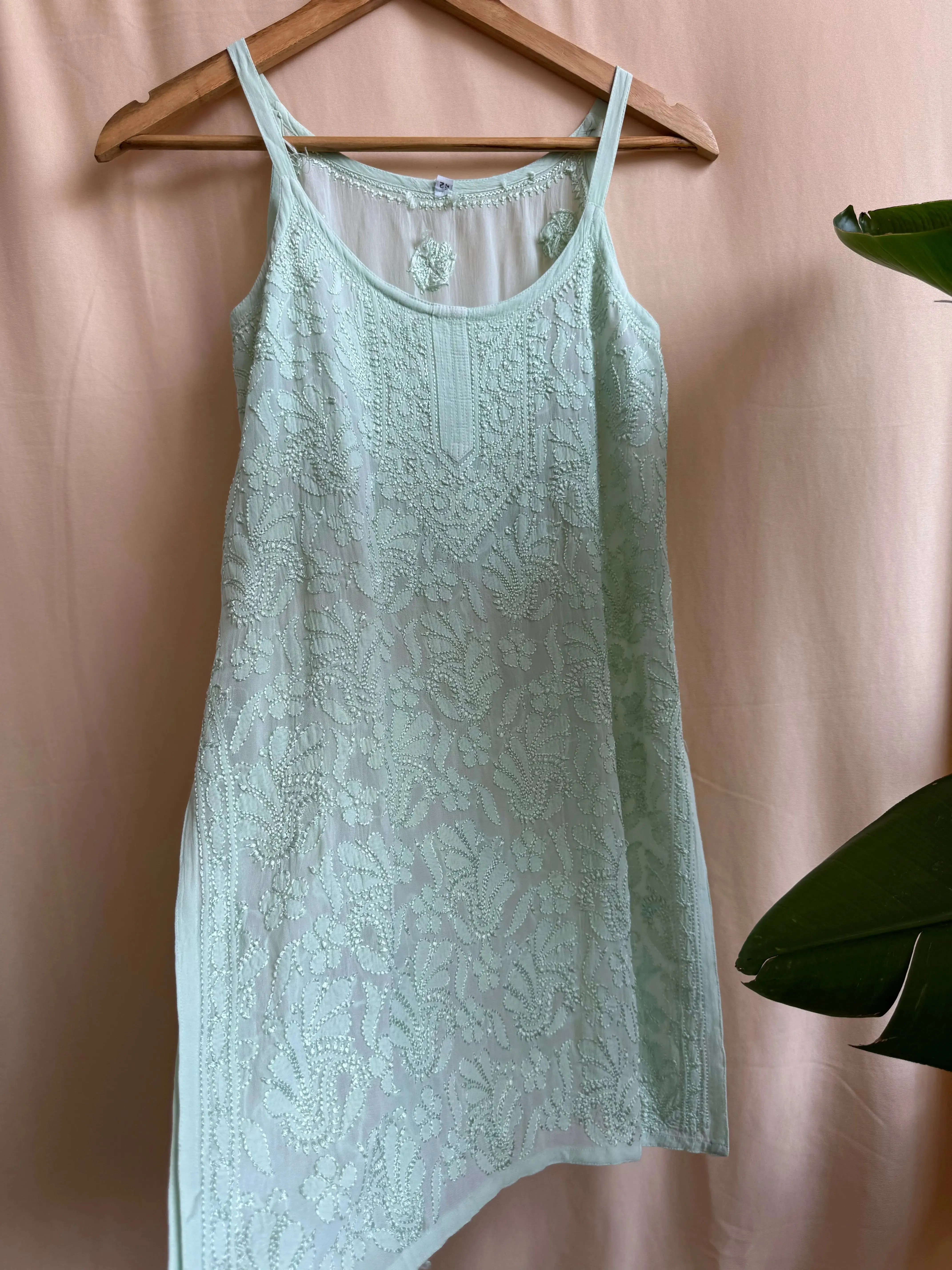 Chikankari Noodle Strap Top in Green