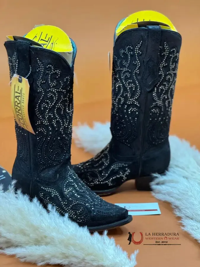 CORRAL BLACK EMBROIDERY & CRYSTALS POINT TOE BOOT C4100