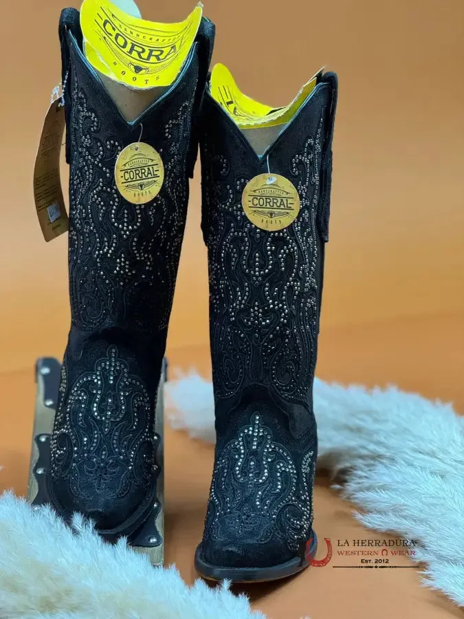 CORRAL BLACK EMBROIDERY & CRYSTALS POINT TOE BOOT C4100