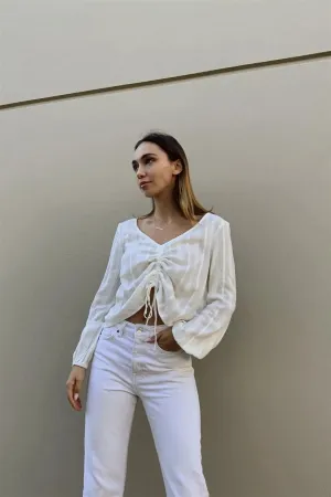 Cream V-Neck Long Sleeve Front Drawstring Crop Top