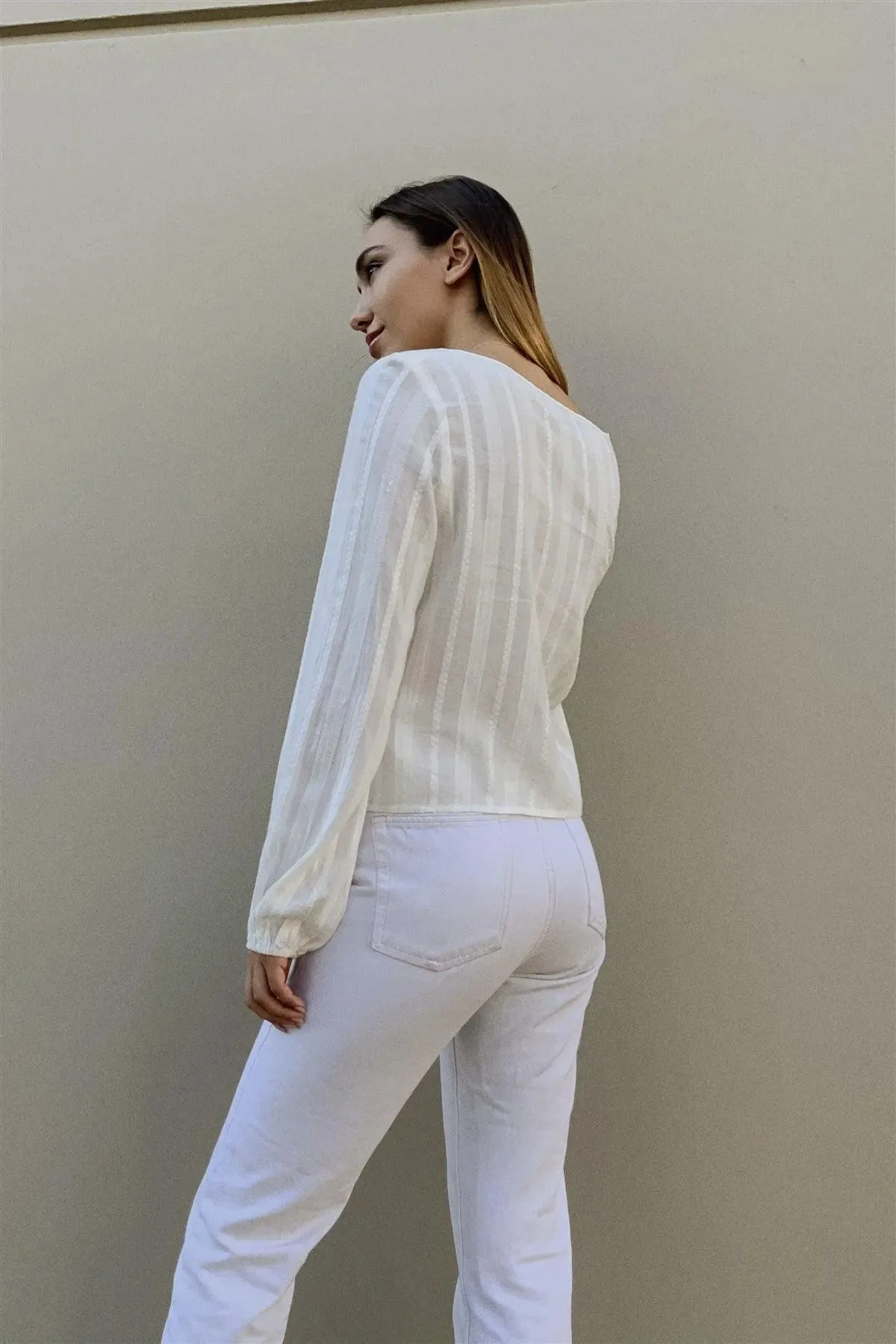 Cream V-Neck Long Sleeve Front Drawstring Crop Top