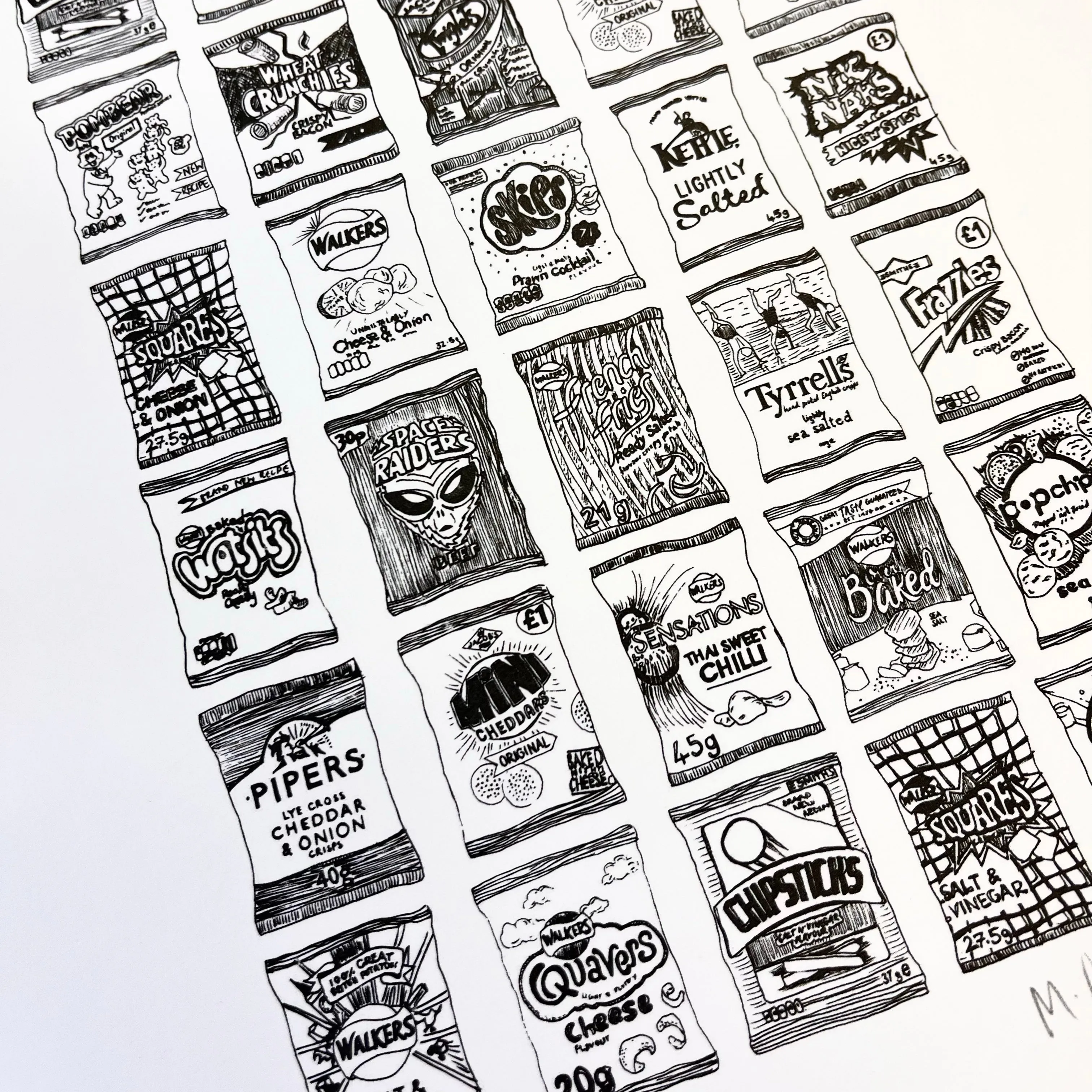 Crisp illustrated black and white print