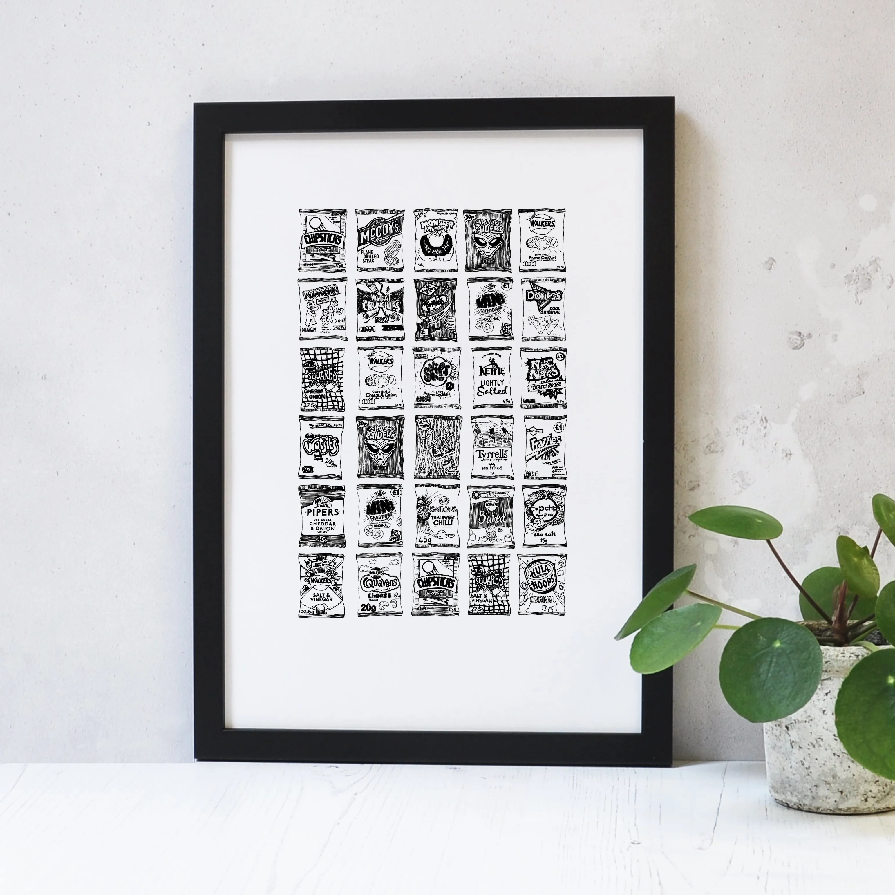 Crisp illustrated black and white print