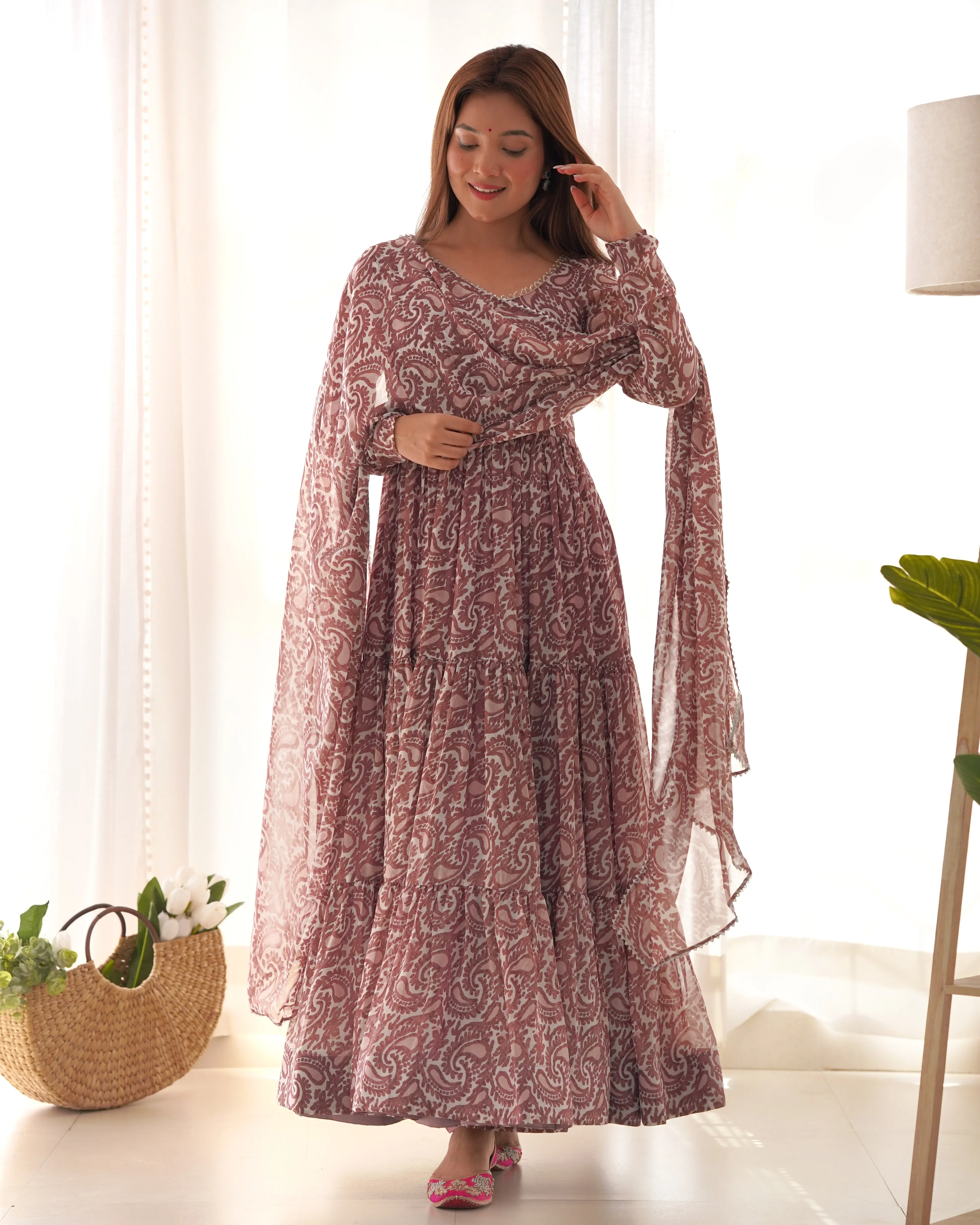 Dusty Rose Pure Soft Fox Georgette Printed Anarkali Set with Dupatta & Pant