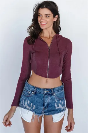 Eggplant Flannel Zip-Up Hooded Crop Top /3-2-1