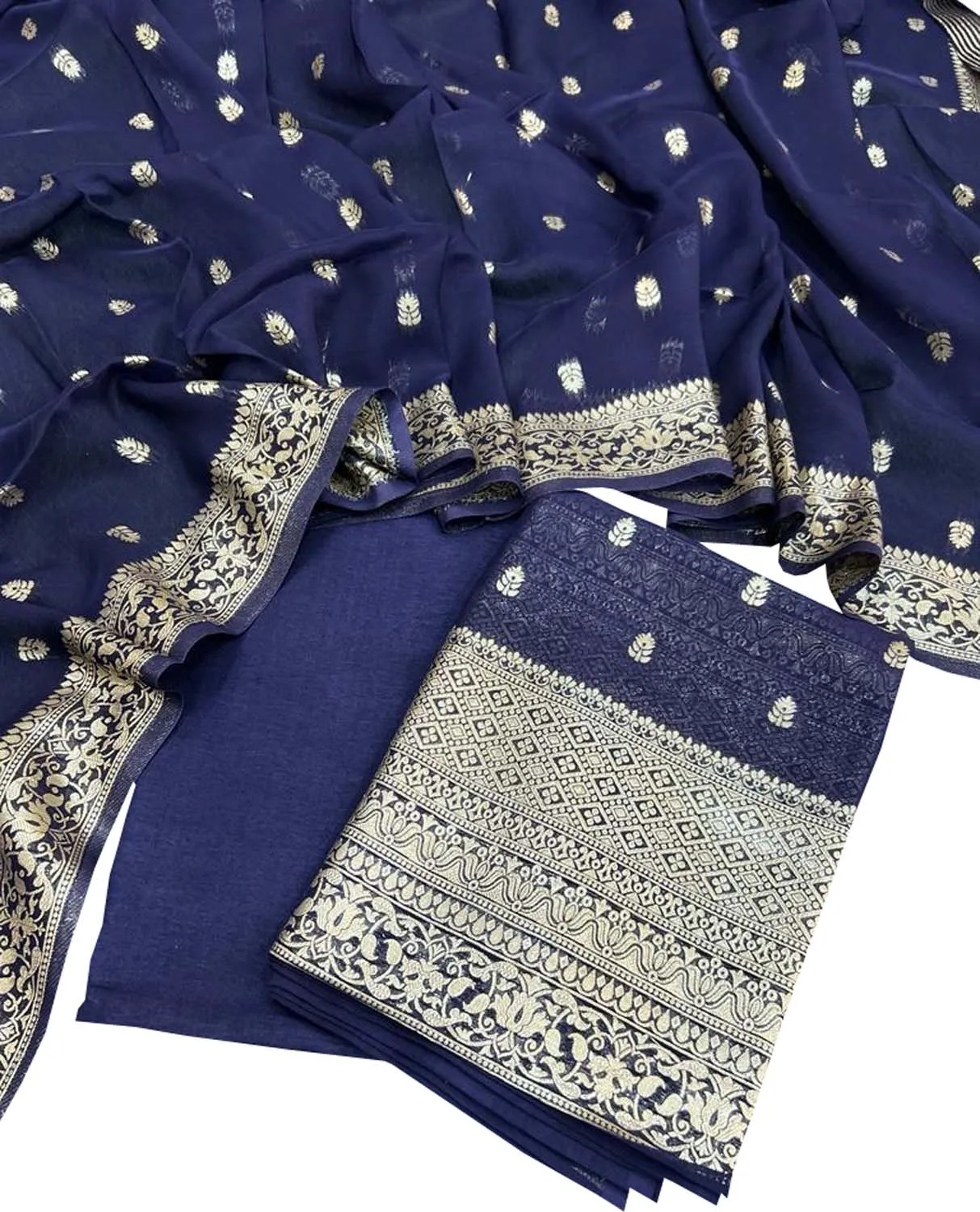 Elegant Blue Banarasi Georgette Three Piece Suit Set