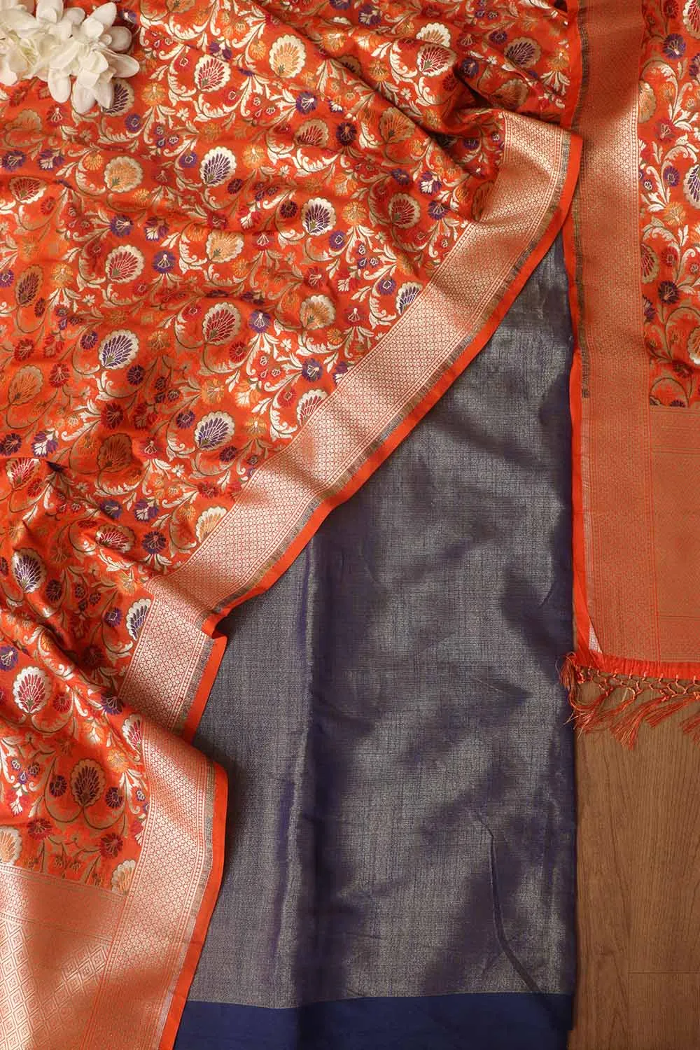 Elegant Blue Plain Tissue Cotton Suit With Banarasi Kimkhwab Design Silk Dupatta