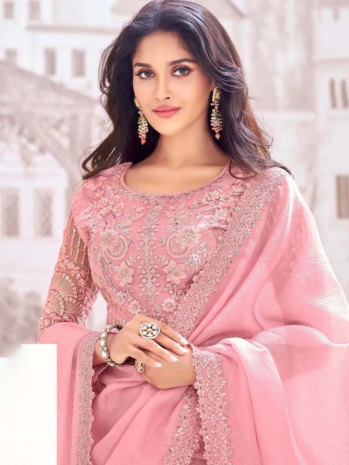 Elegant Rose Pink Chiffon Crush Party Wear Saree