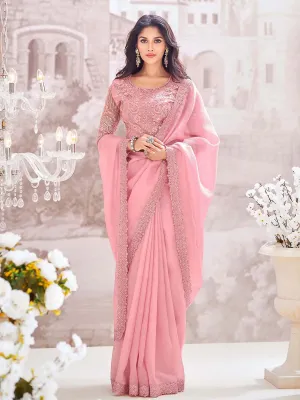 Elegant Rose Pink Chiffon Crush Party Wear Saree