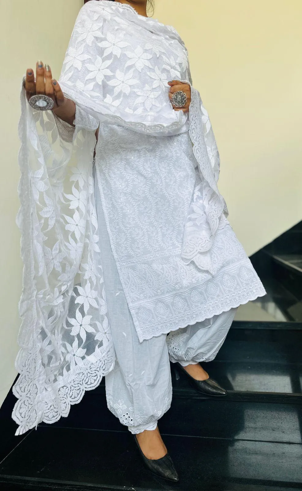 Elegant White Lucknowi Chikankari Patiala Suit with Sequin Accents