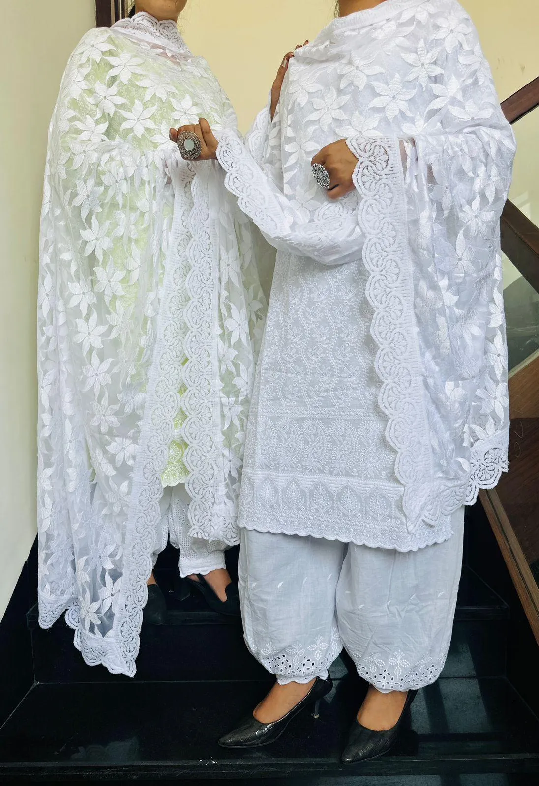 Elegant White Lucknowi Chikankari Patiala Suit with Sequin Accents