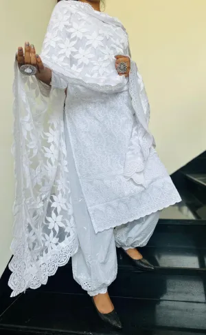 Elegant White Lucknowi Chikankari Patiala Suit with Sequin Accents