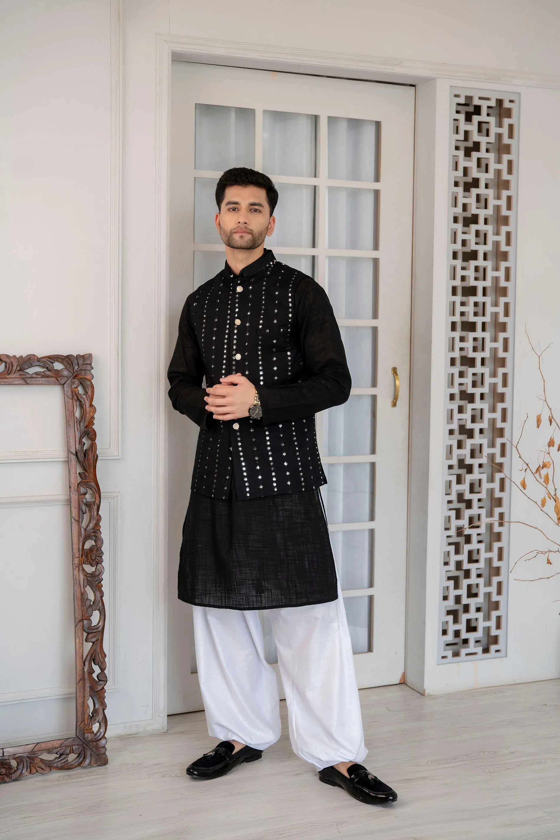 Firangi Yarn Wedding and Festive Wear Khadi Solid Kurta and Mirror Work Embroidered Modi Jacket Coty/Koty Set of 2(Pyjama Excluded) Solid Black
