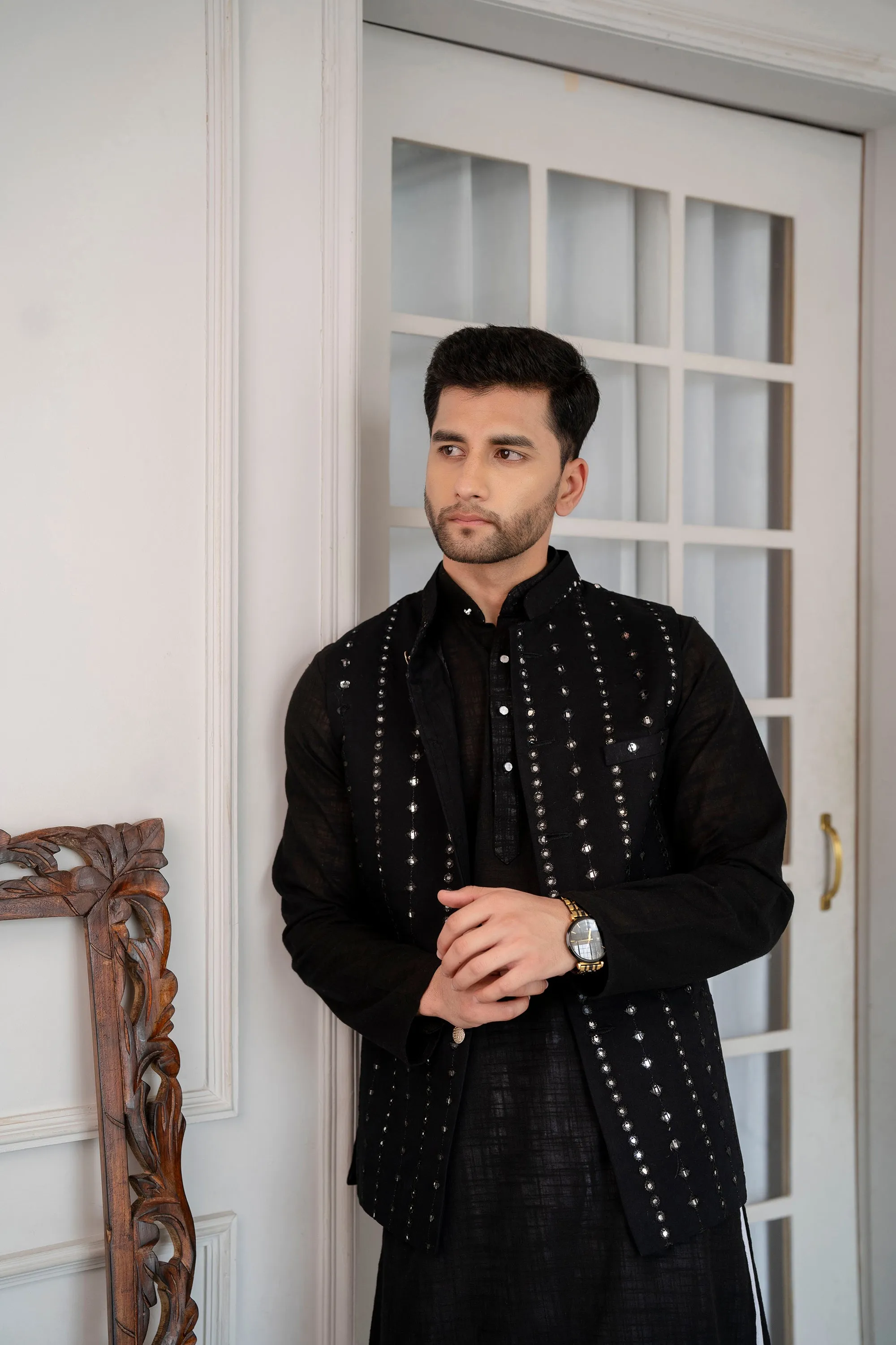 Firangi Yarn Wedding and Festive Wear Khadi Solid Kurta and Mirror Work Embroidered Modi Jacket Coty/Koty Set of 2(Pyjama Excluded) Solid Black