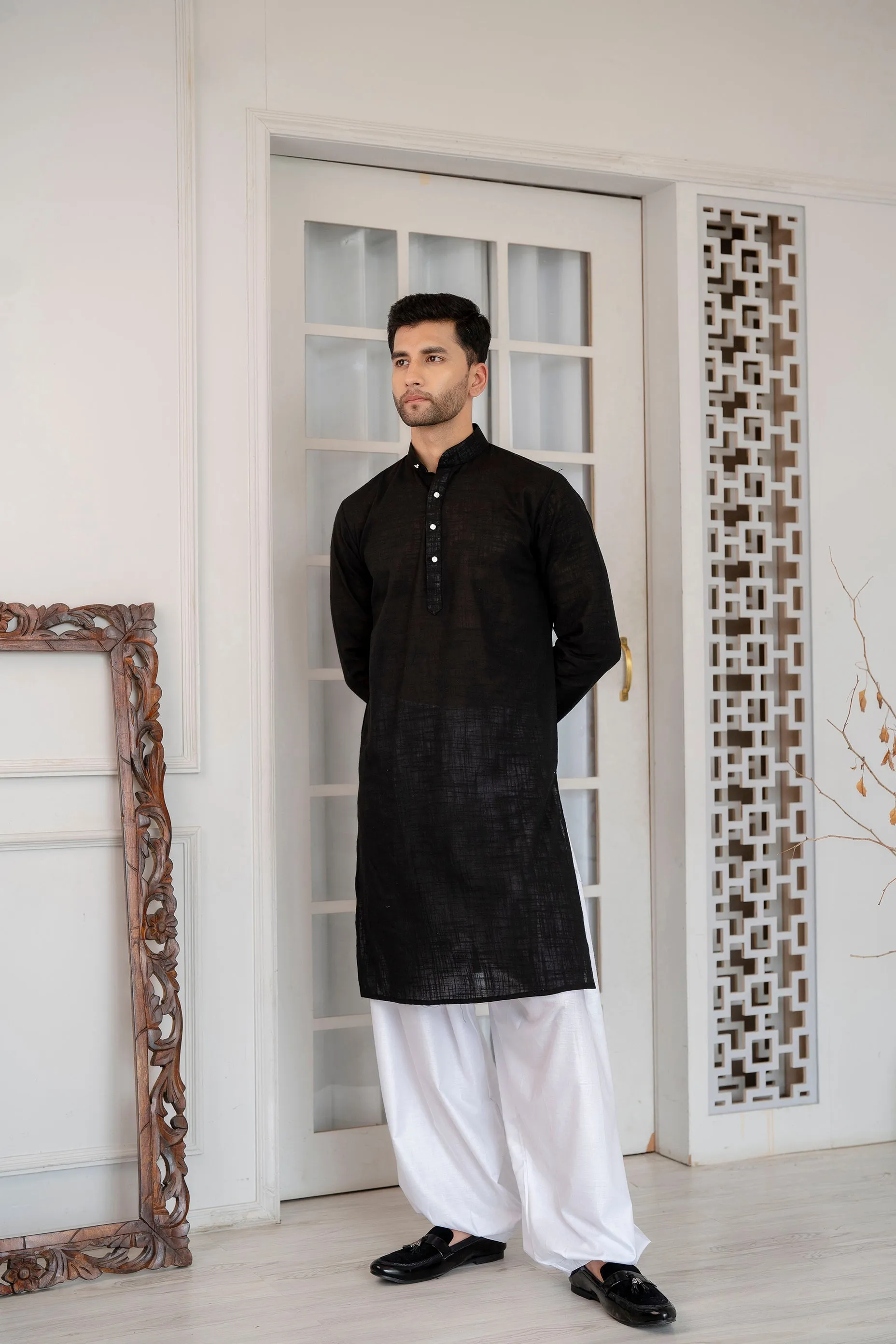 Firangi Yarn Wedding and Festive Wear Khadi Solid Kurta and Mirror Work Embroidered Modi Jacket Coty/Koty Set of 2(Pyjama Excluded) Solid Black
