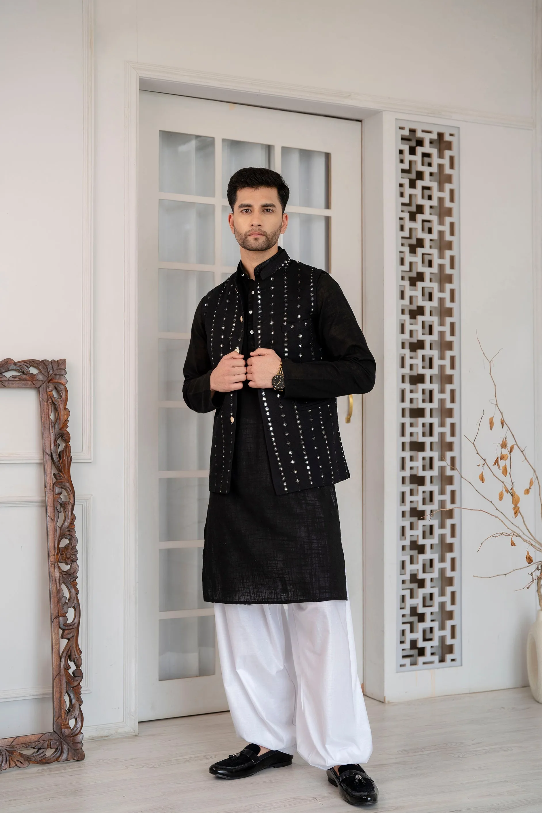 Firangi Yarn Wedding and Festive Wear Khadi Solid Kurta and Mirror Work Embroidered Modi Jacket Coty/Koty Set of 2(Pyjama Excluded) Solid Black