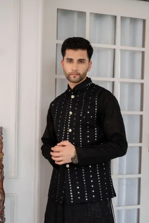Firangi Yarn Wedding and Festive Wear Khadi Solid Kurta and Mirror Work Embroidered Modi Jacket Coty/Koty Set of 2(Pyjama Excluded) Solid Black