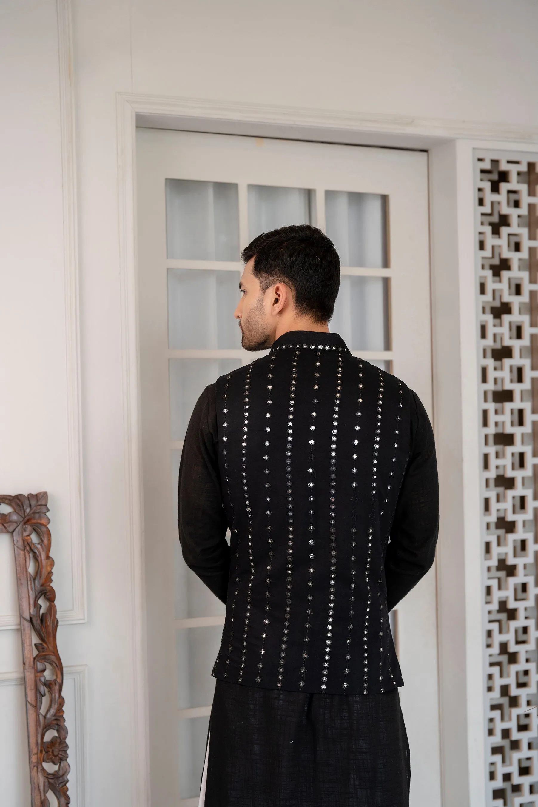 Firangi Yarn Wedding and Festive Wear Khadi Solid Kurta and Mirror Work Embroidered Modi Jacket Coty/Koty Set of 2(Pyjama Excluded) Solid Black