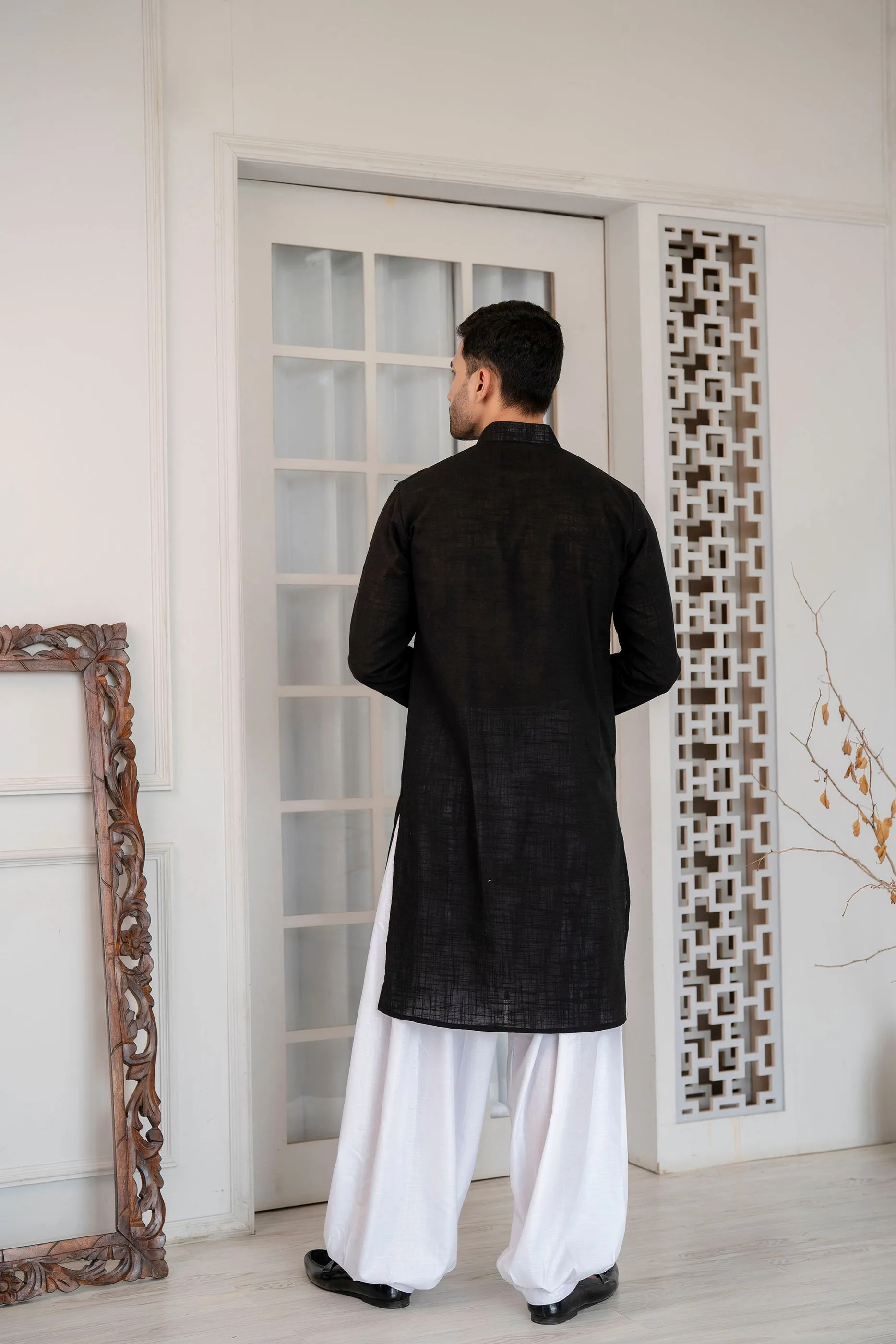 Firangi Yarn Wedding and Festive Wear Khadi Solid Kurta and Mirror Work Embroidered Modi Jacket Coty/Koty Set of 2(Pyjama Excluded) Solid Black
