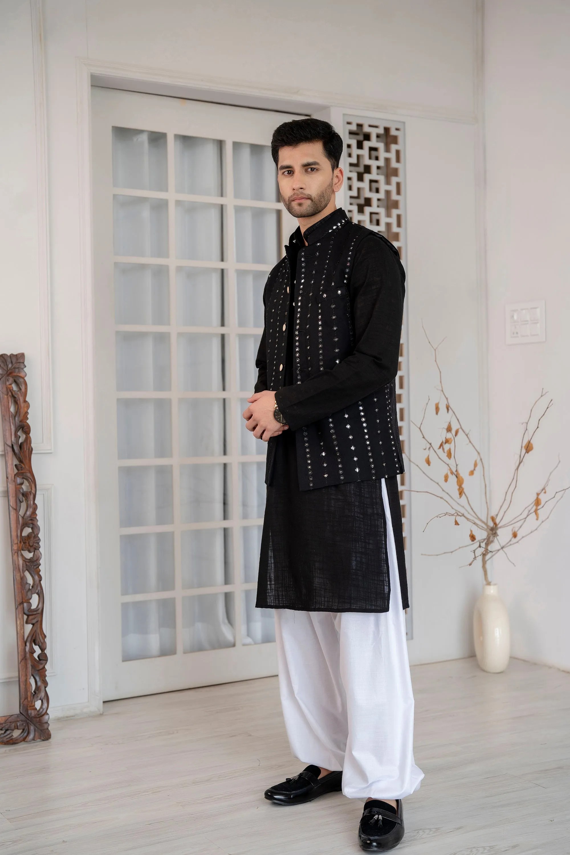 Firangi Yarn Wedding and Festive Wear Khadi Solid Kurta and Mirror Work Embroidered Modi Jacket Coty/Koty Set of 2(Pyjama Excluded) Solid Black