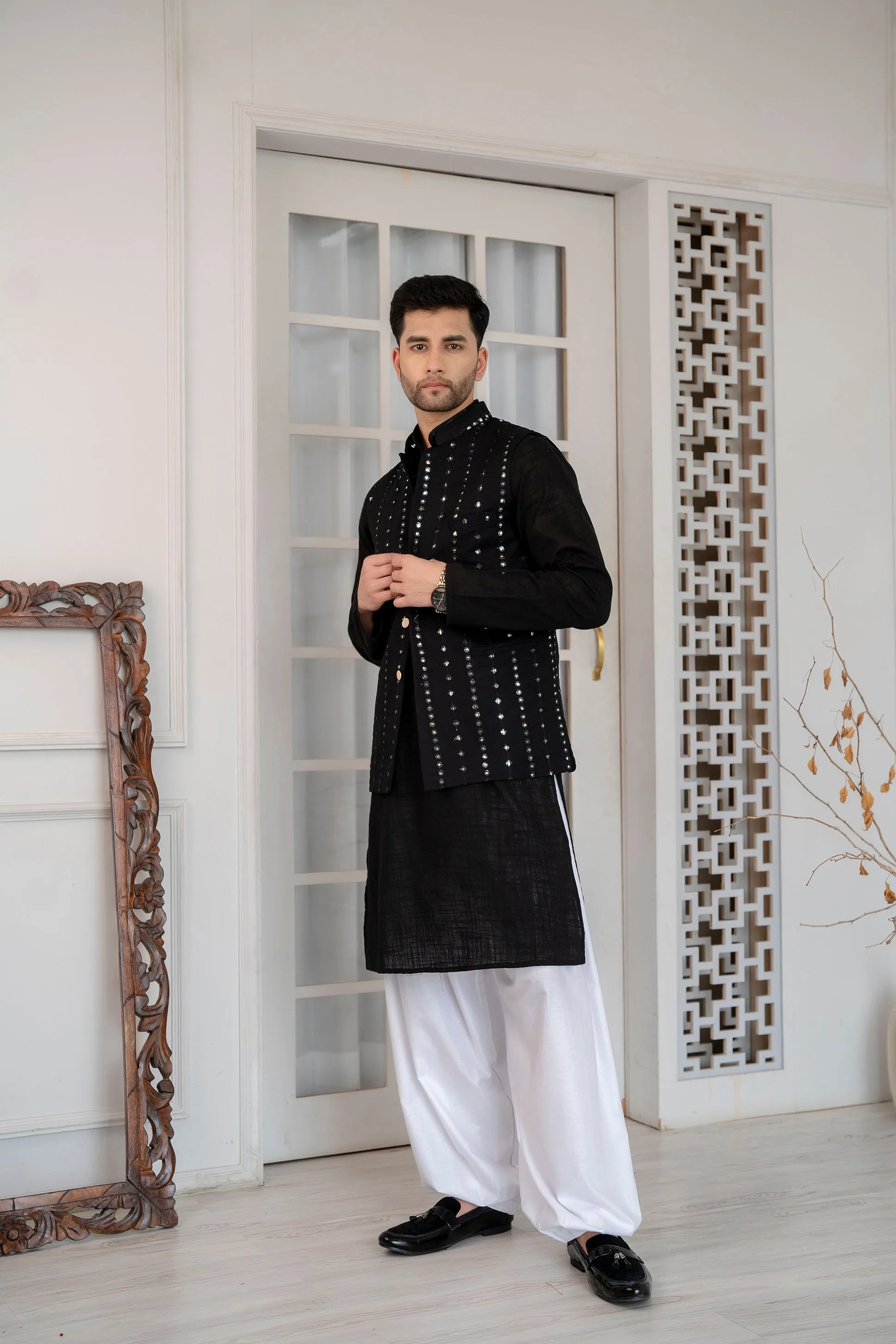 Firangi Yarn Wedding and Festive Wear Khadi Solid Kurta and Mirror Work Embroidered Modi Jacket Coty/Koty Set of 2(Pyjama Excluded) Solid Black