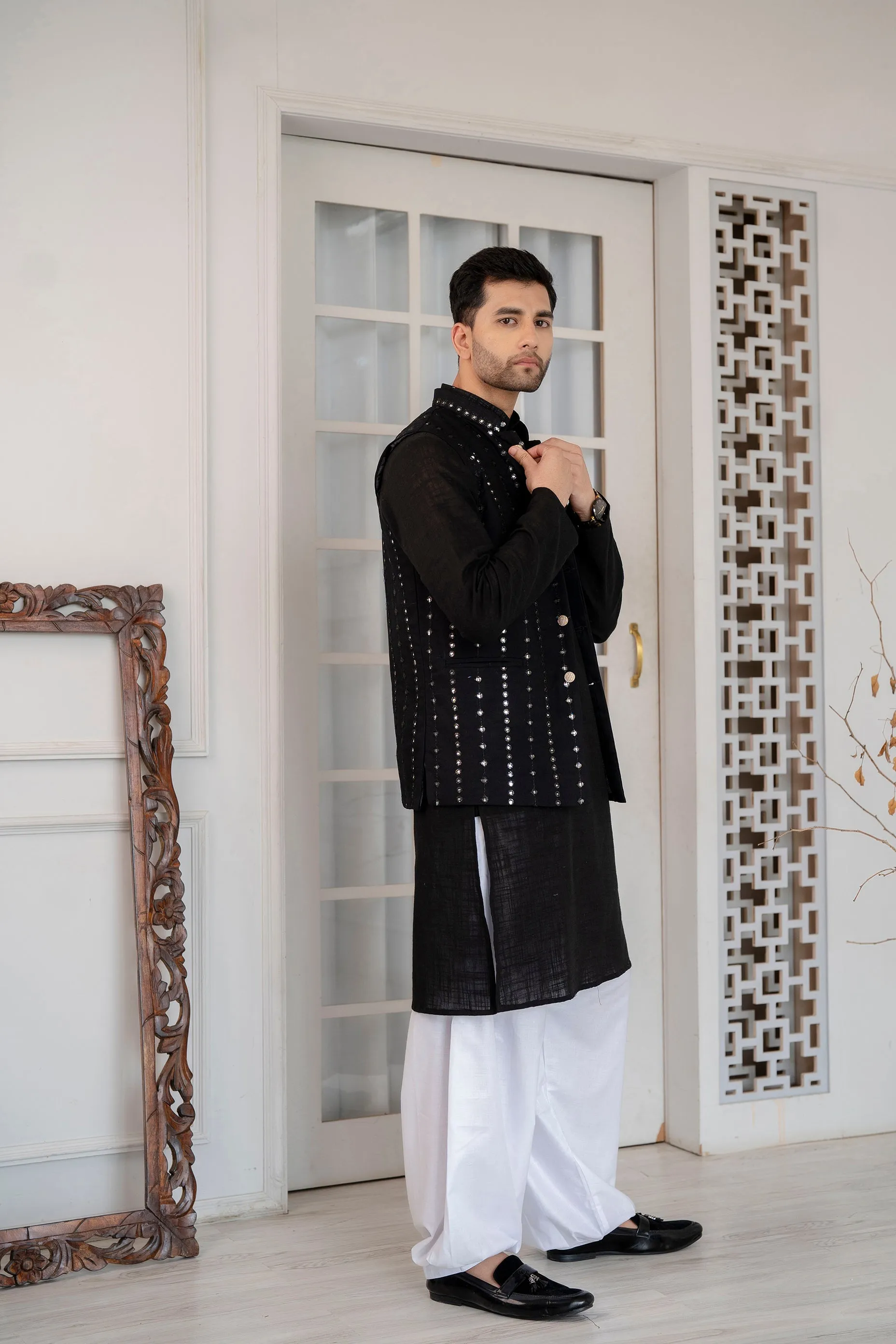 Firangi Yarn Wedding and Festive Wear Khadi Solid Kurta and Mirror Work Embroidered Modi Jacket Coty/Koty Set of 2(Pyjama Excluded) Solid Black