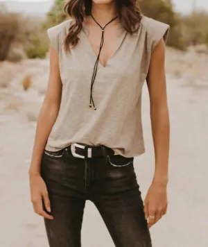 Goldie Padded Shoulder V Neck Sleeveless Tee in Khaki