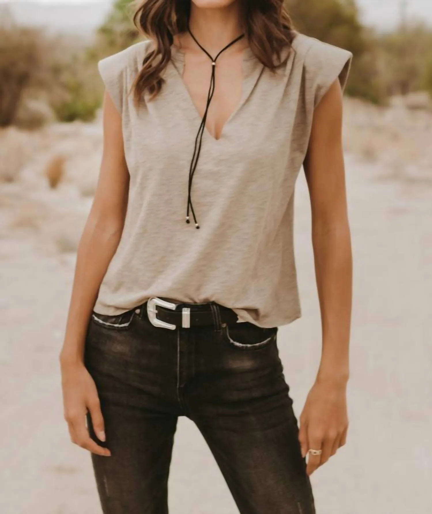 Goldie Padded Shoulder V Neck Sleeveless Tee in Khaki