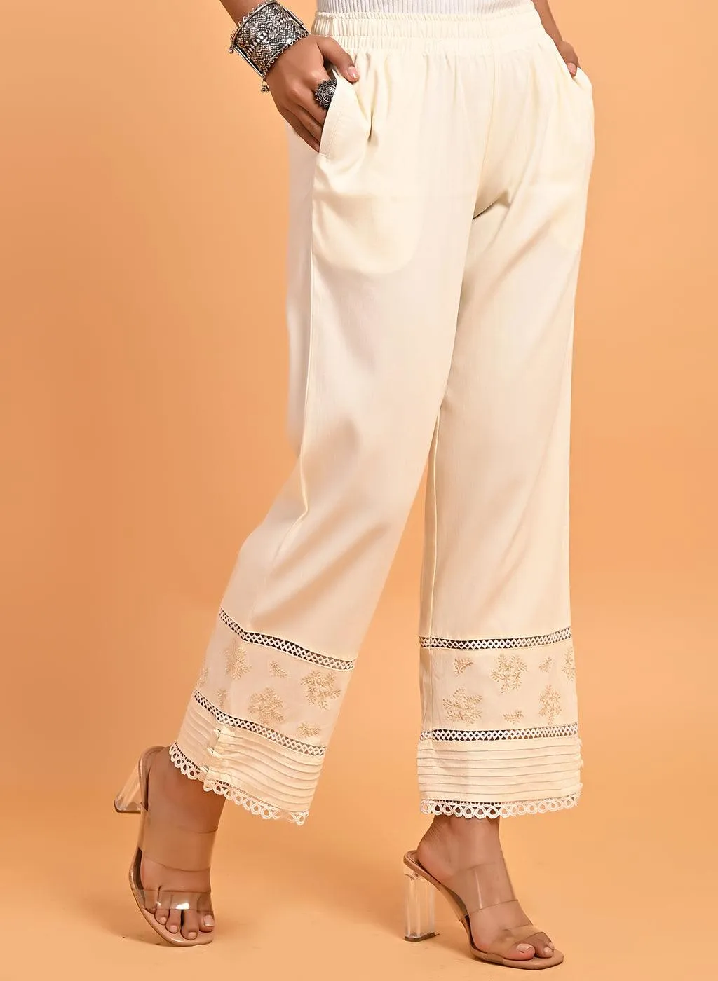 Ira Ivory Embroidered Relaxed Fit Palazzo Pants for Women