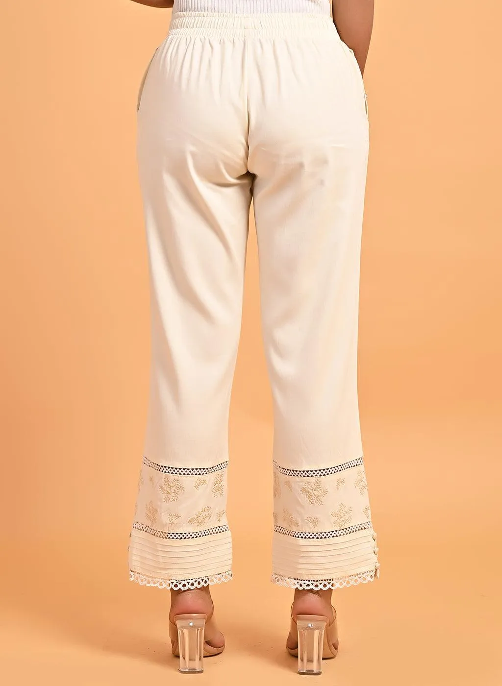Ira Ivory Embroidered Relaxed Fit Palazzo Pants for Women