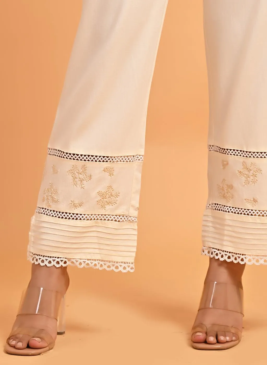 Ira Ivory Embroidered Relaxed Fit Palazzo Pants for Women