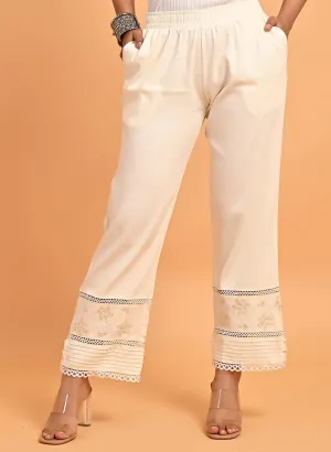 Ira Ivory Embroidered Relaxed Fit Palazzo Pants for Women
