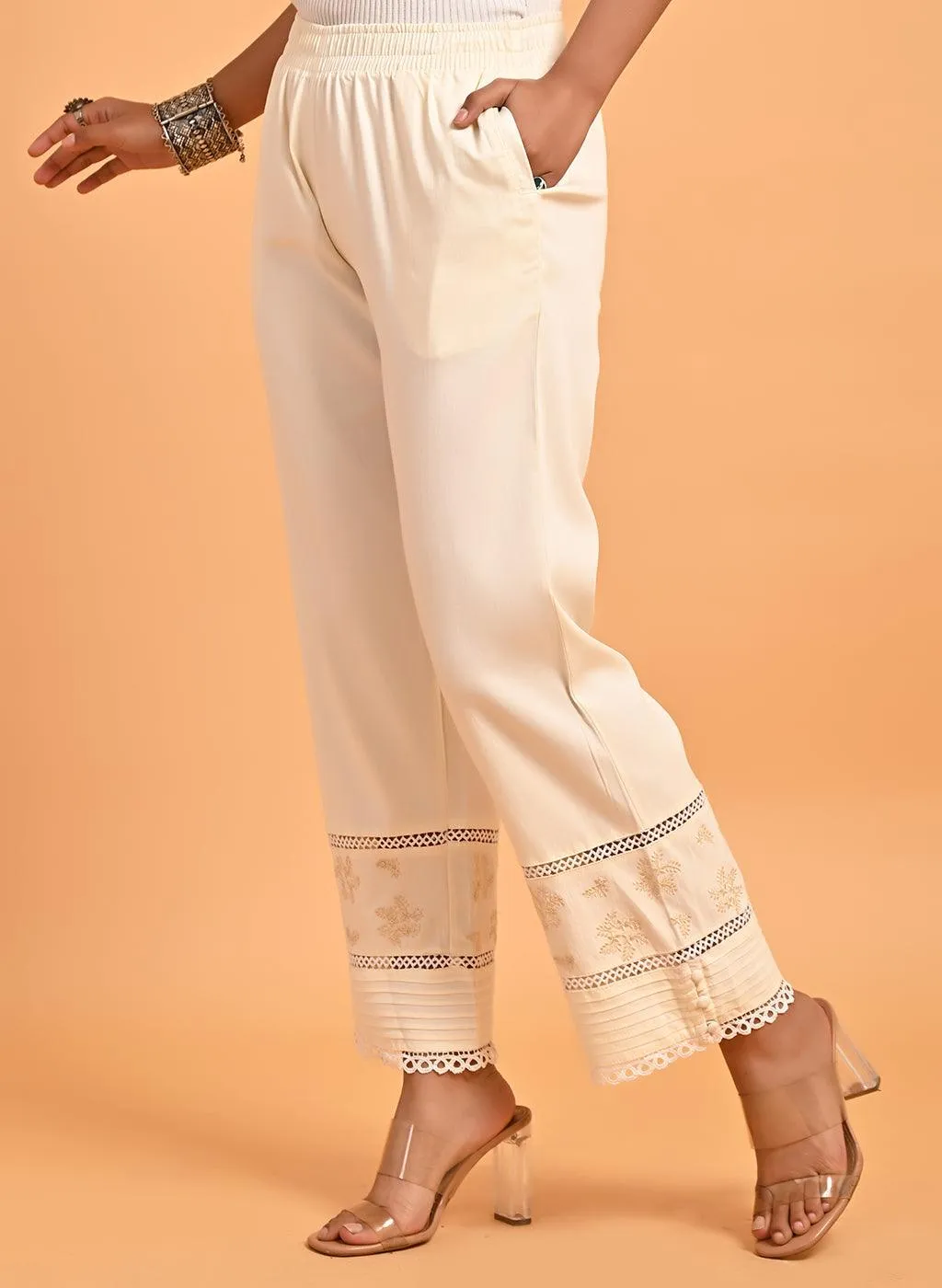 Ira Ivory Embroidered Relaxed Fit Palazzo Pants for Women