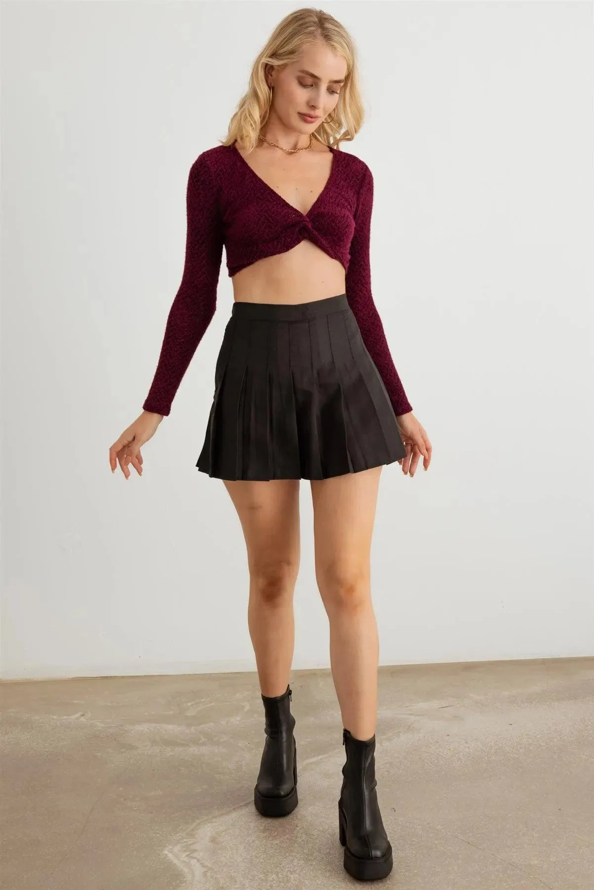 Knit Long Sleeve Twist Front Crop Top