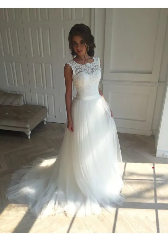 Lace Top Wedding Dress Princess High Neck Wedding Dress with Tulle Skirt