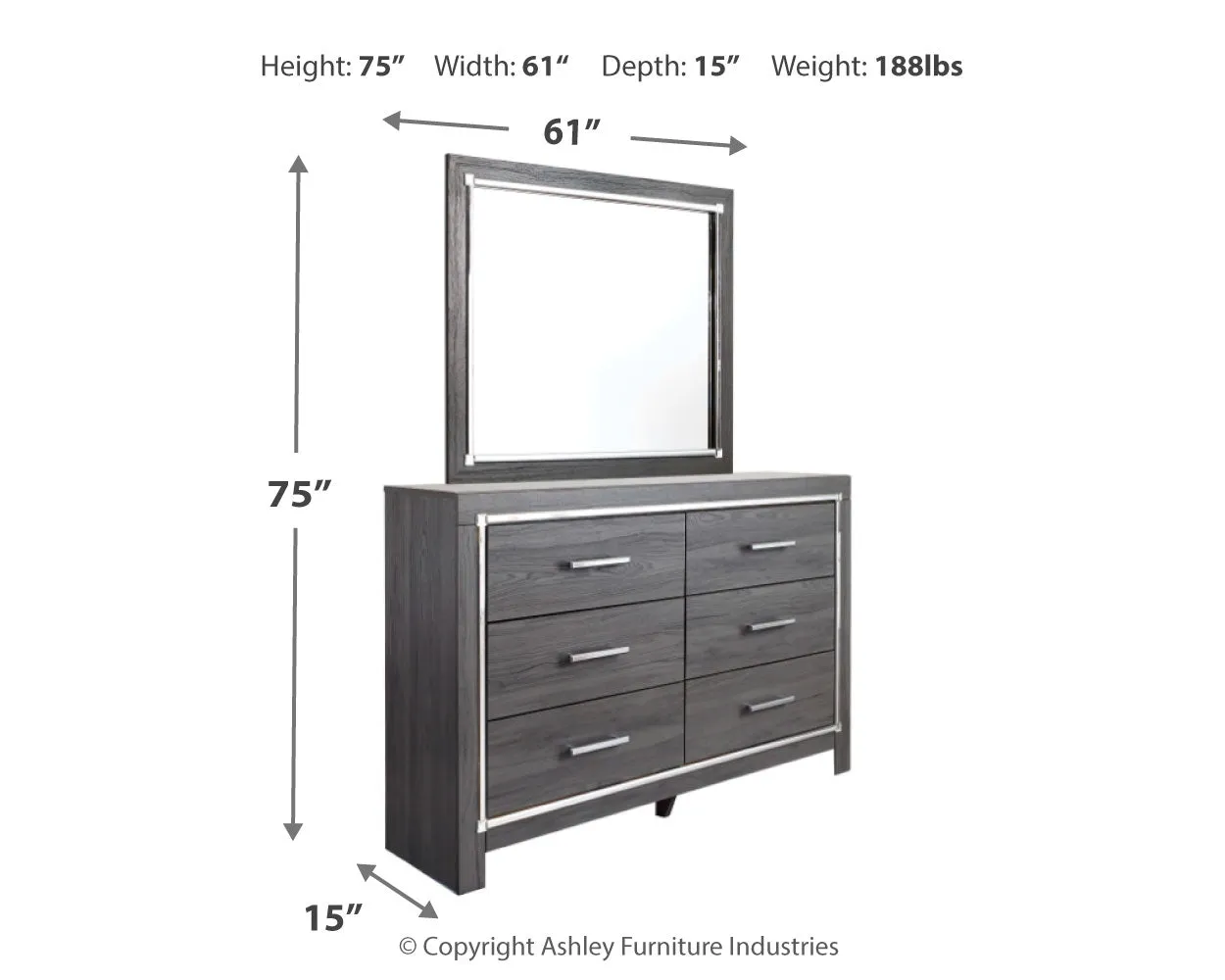 Lodanna King Panel Bed with Mirrored Dresser and Nightstand in Gray