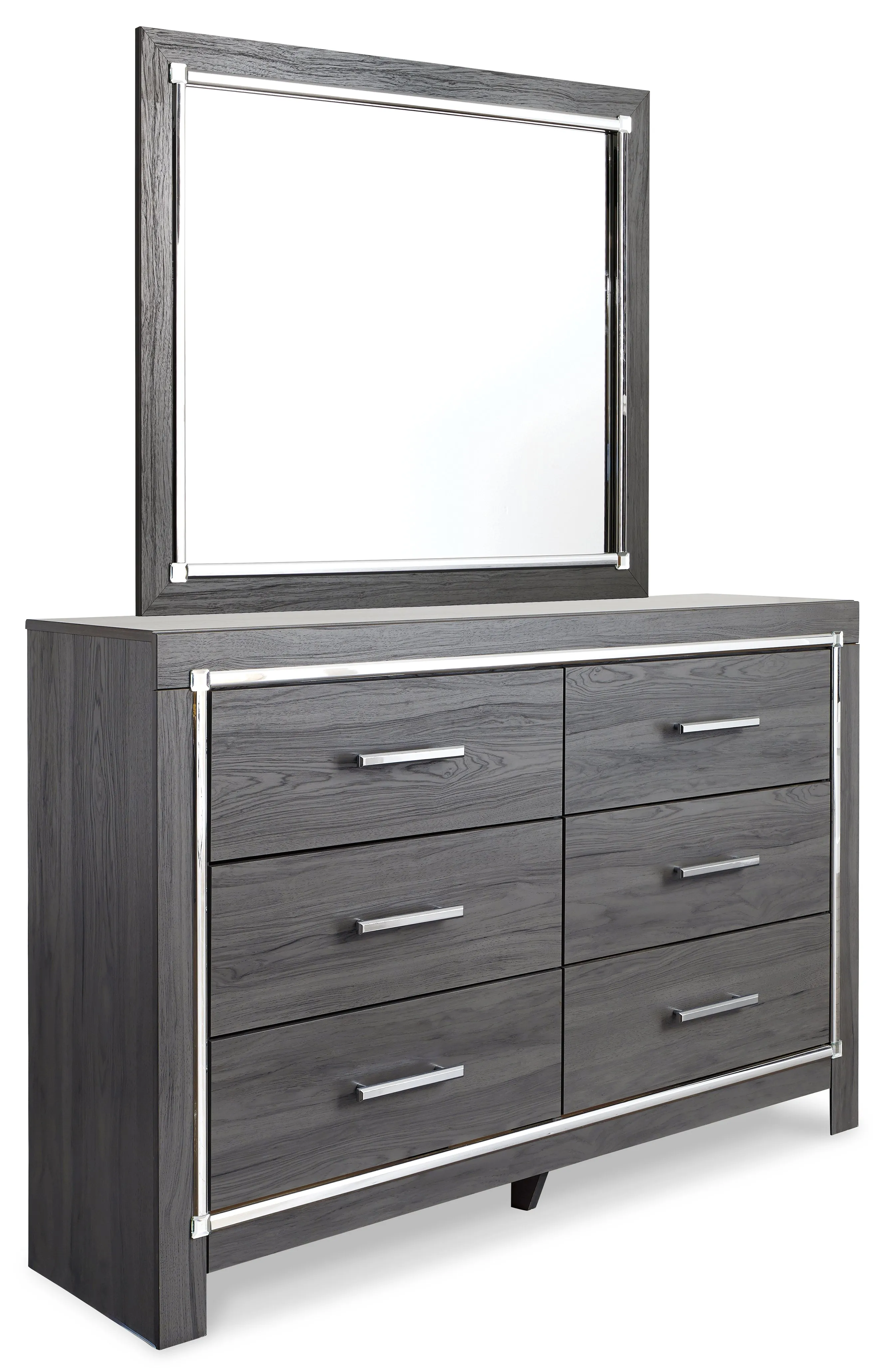 Lodanna King Panel Bed with Mirrored Dresser and Nightstand in Gray