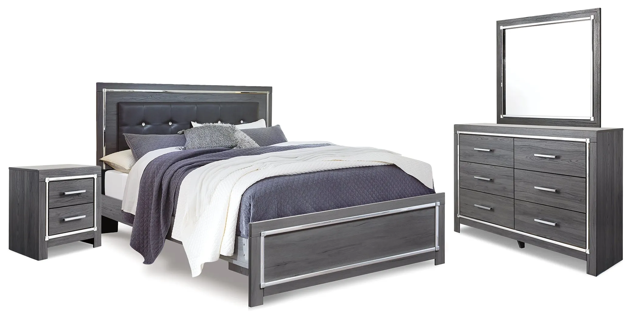 Lodanna King Panel Bed with Mirrored Dresser and Nightstand in Gray