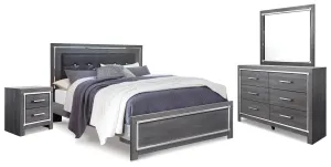 Lodanna King Panel Bed with Mirrored Dresser and Nightstand in Gray