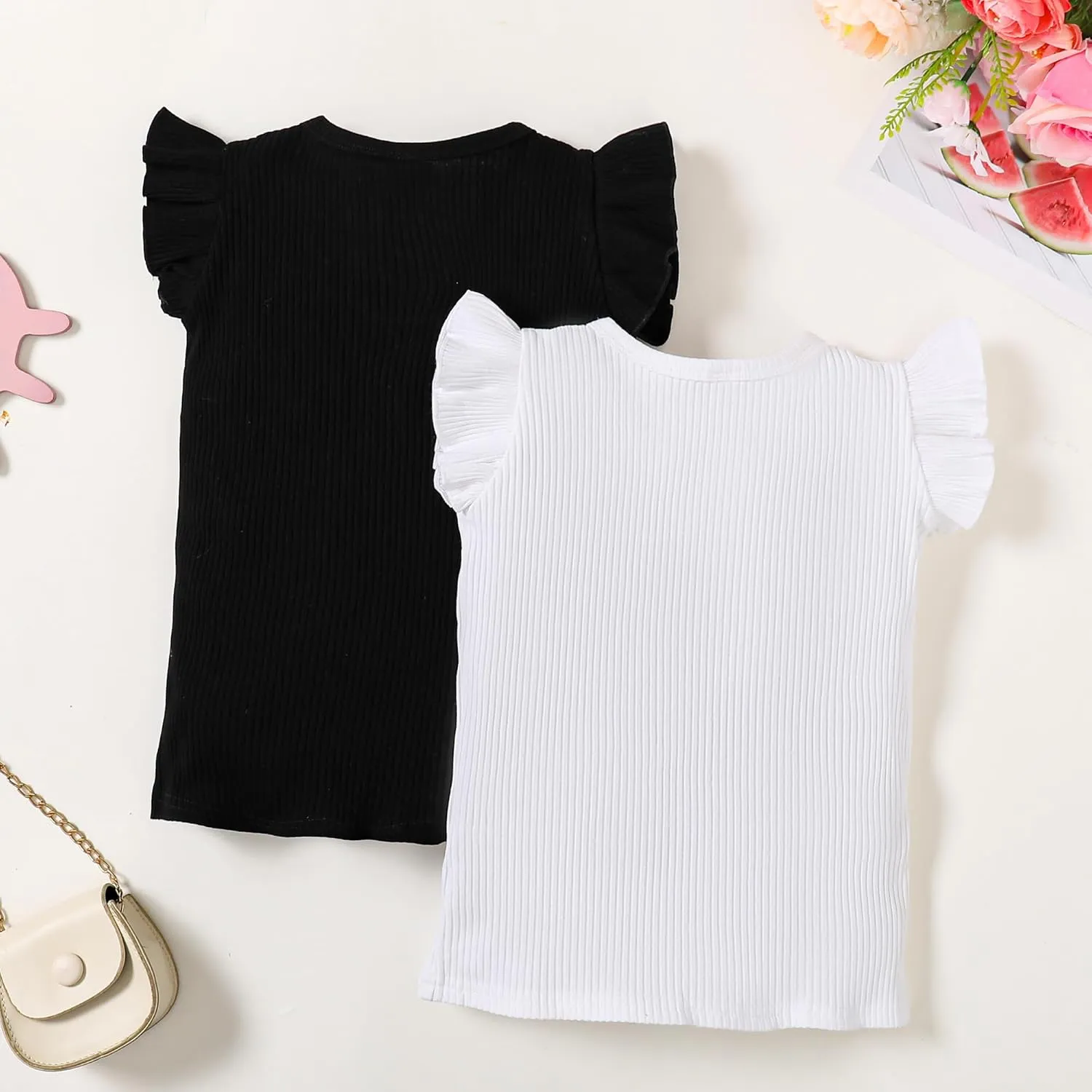 LYSMuch Toddler Girls 2-Pack Ruffle Short Sleeve Ribbed Shirt Blouse Solid Tee