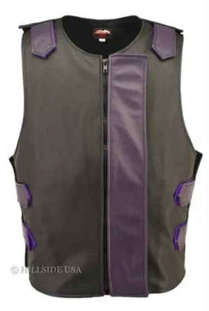 Made in USA Bulletproof Style Leather Motorcycle Vest Black/Purple