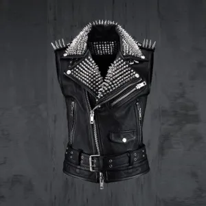 Men's Black Leather Silver Studded Biker Punk Vest