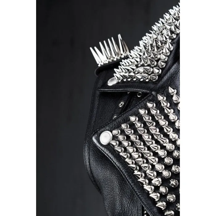 Men's Black Leather Silver Studded Biker Punk Vest