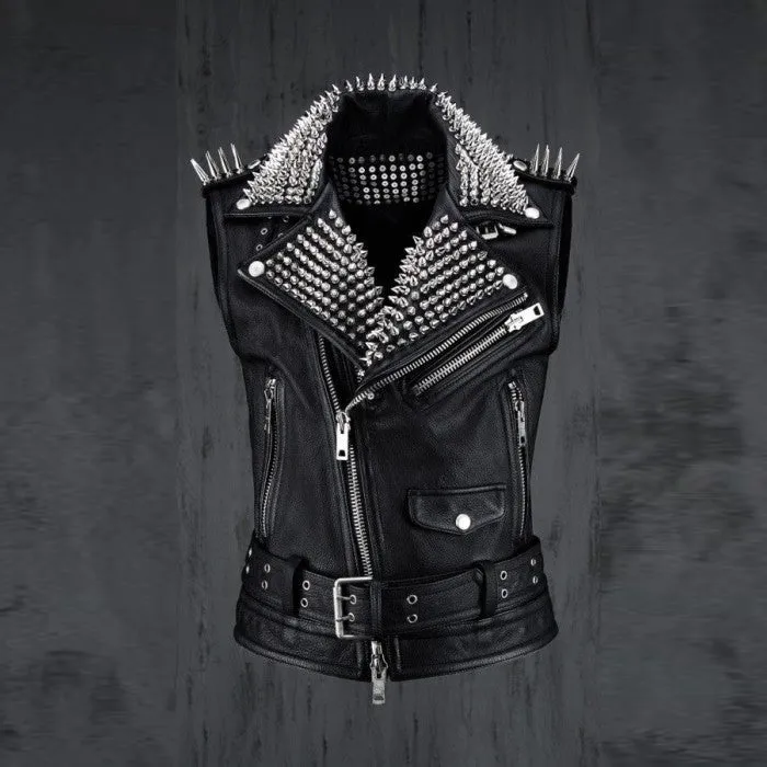 Men's Black Leather Silver Studded Biker Punk Vest
