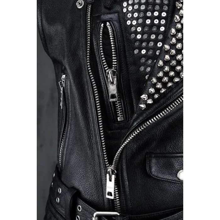 Men's Black Leather Silver Studded Biker Punk Vest