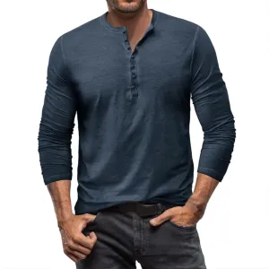 Mens Casual Long Sleeve Henley Shirt Classic Stretch Slim Fit Button Active Sports Gym Hiking T-Shirt