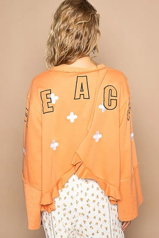 MQTIME  -  POL Peace Embroidered Exposed Seam Back Ruffle V-Neck Top